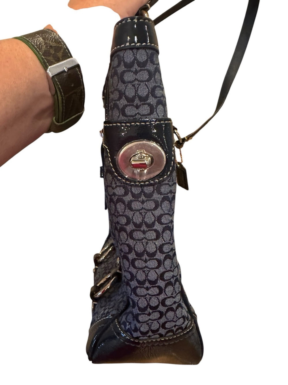 Coach Gallery Tote Signature Navy/Light Blue jacquard fabric with patent leather - Picture 4 of 9